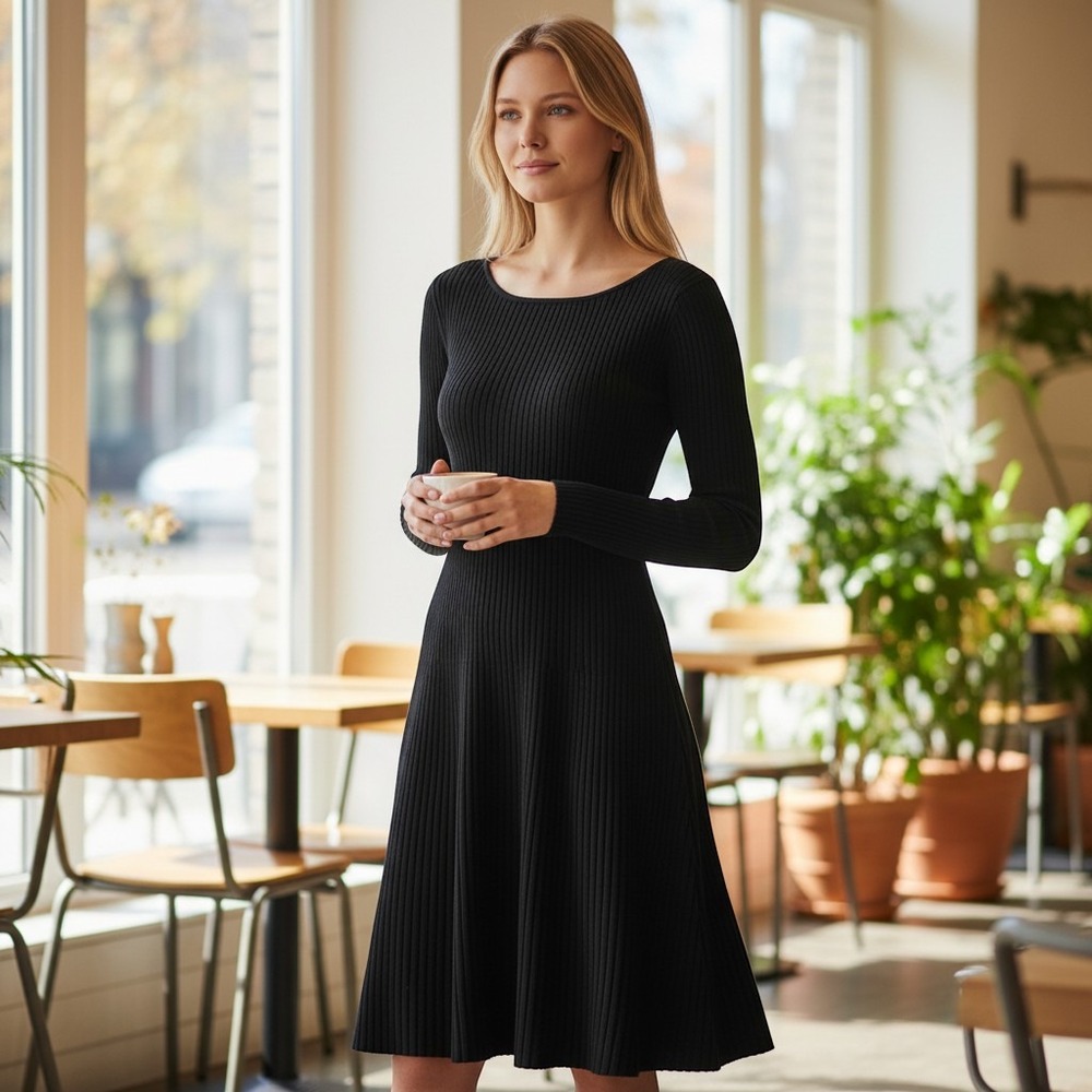 LILYSILK 80% Silk Off Shoulder Ribbed Knit Midi Dress Black Small Quiet Luxury